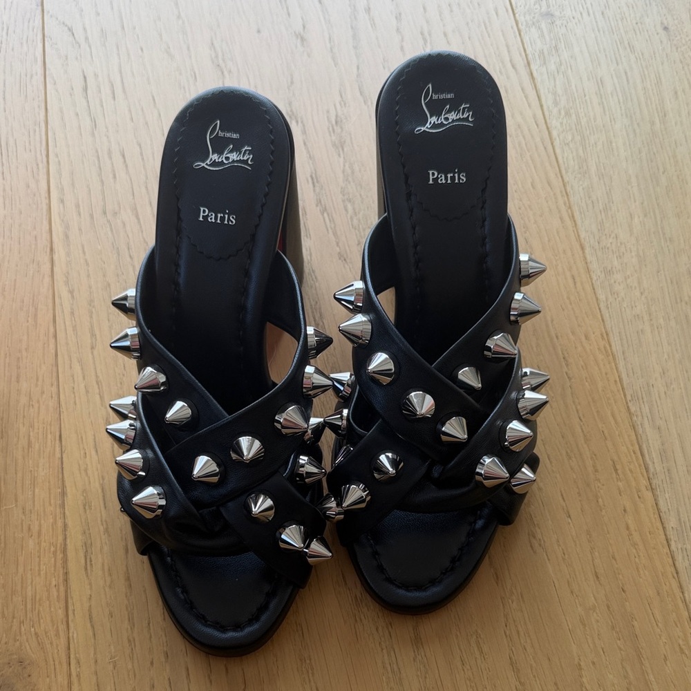 Christian Louboutin Black Leather Spike-Embellished Slide Mules